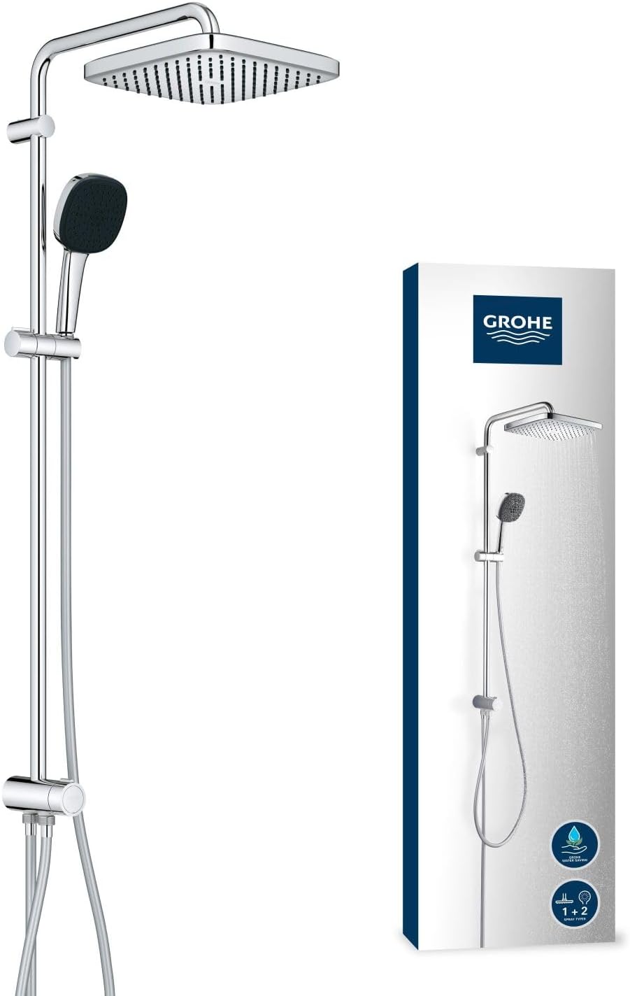 GROHE Vitalio Comfort 250 Flex - Shower System with Diverter (Square 25cm Head Shower 2 Spray Rain & SmartRain, Square 11cm Hand Shower 2 Spray: Rain & Jet, Hose 1.5m, Water Saving), Chrome, 26986001