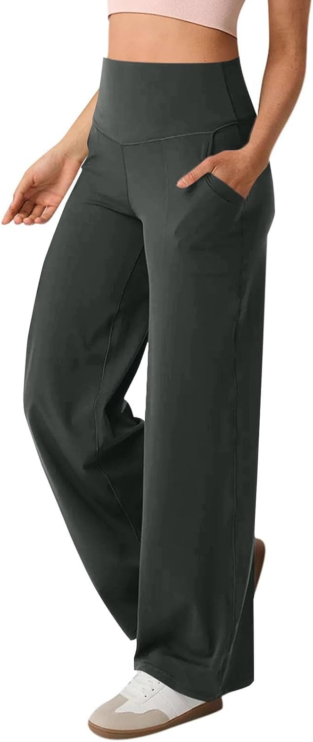 Yoga Pants for Women 2025 Baggy High Waist Tummy Control Wide Leg Pants Soft Sports Straight Leg Pants with Pockets