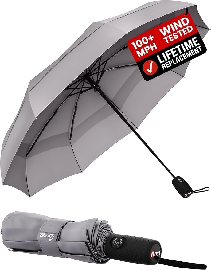 Windproof Travel Umbrella - Compact & Withstands Winds up to 100MPH, Strongest Premium Auto Folding Umbrella for Rain and Sun - Durable, Light & Portable for Women & Men, Fits Backpack & Cars
