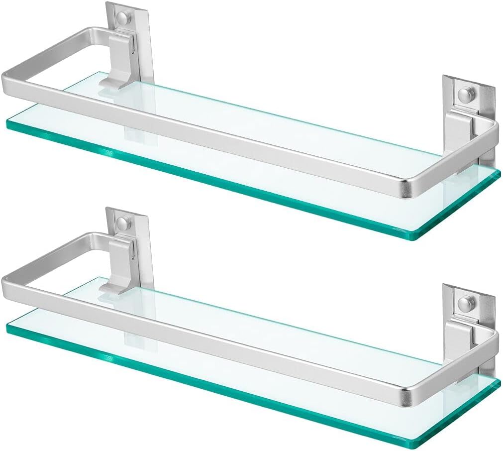 2-Pack Tempered Glass Bathroom Shelf with Rail, 15" x 4.5" Rectangular Shower Caddy, Wall Mounted Floating Shampoo Holder for Lavatory, Kitchen, Living Room