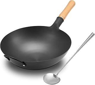 WANGYUANJI Carbon Steel Wok,13.38'' Chef's Professional Wok,Stir-Fry Pan with Wooden Handle,No Chemical Coated Flat Bottom Iron Wok for All Stoves