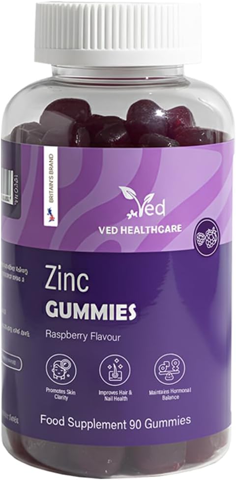Zinc Gummies 50mg, 45 Days Supply, 90 Gummies, Zinc Supplement for Men & Women, Easy to Chew, Natural Raspberry Flavour, Vegan, Immune, Skin, Hair, Nail, Non-GMO & Magnesium Stearate-Free - By Ved