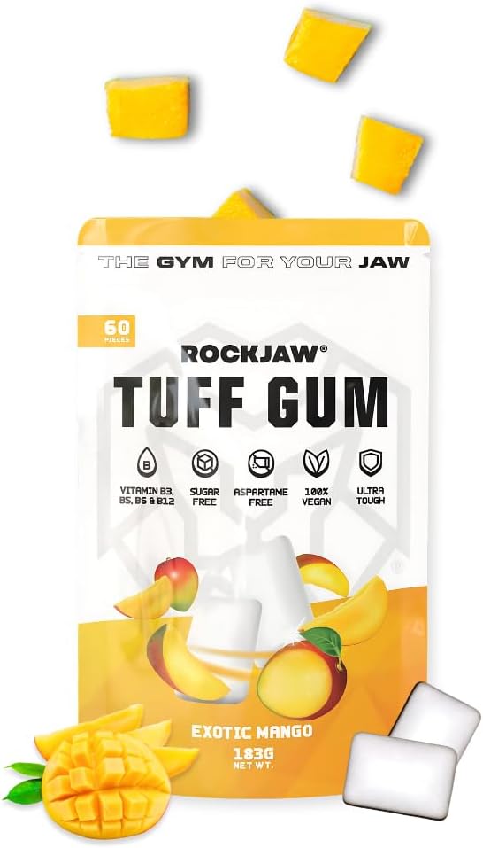ROCKJAW® Jawline Gum - Tuff Gum 2.0 with + B Vitamin Complex - 100% Xylitol, Aspartame Free, Sugar Free (2 Months Supply) - Exotic Mango (Stim-Free)