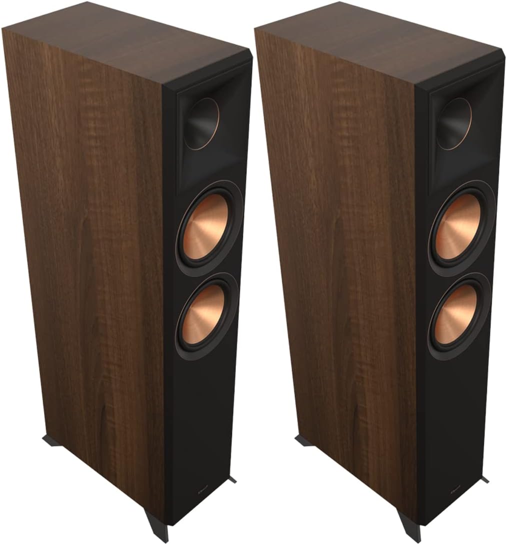 Klipsch RP-6000F II 2.0 Dual Floorstanding Speaker Pair with 90° x 90° Hybrid Tractrix Horn, 1” LTS Tweeter, 6.5” Cerametallic Woofers, and Dolby Atmos Options for Premium Home Theater Sound in Walnut