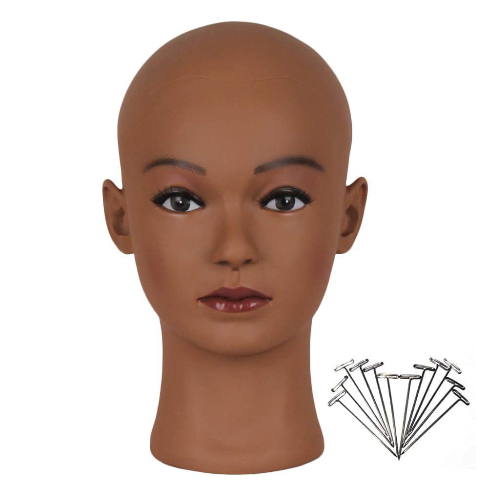 HAIRWAY Mannequin Head Bald Female Professional Cosmetology Training Head Bald Manikin Doll Head with Free T-pins Wigs Head Stand for Display(Dark Brown 21.5 Inch)