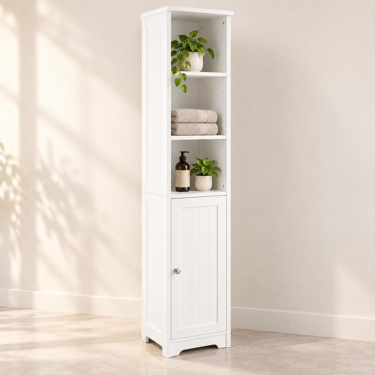 Saxony® Bathroom Storage Cabinet with 3 Shelves and 1 Door Tallboy White Wooden Furniture Unit tall narrow cupboard Slim Floor Standing Design cabinets