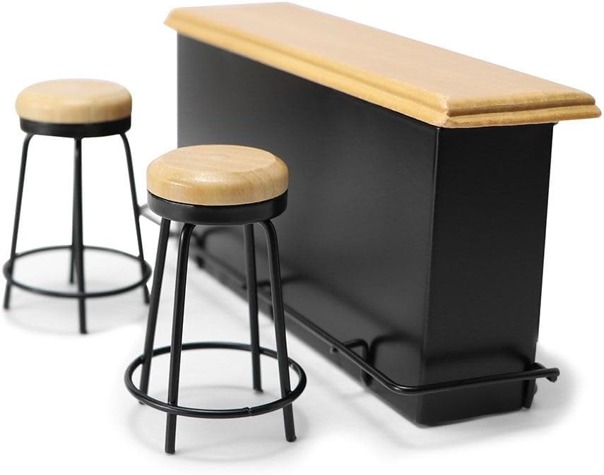 Dollhouse Furniture Metal Bar Table & Chair with Wood Top Pub Set 1:12 Scale Miniature Accessories Bar Counter Stool Mini Dining Coffee Table Model Layout Props Desktop Decor