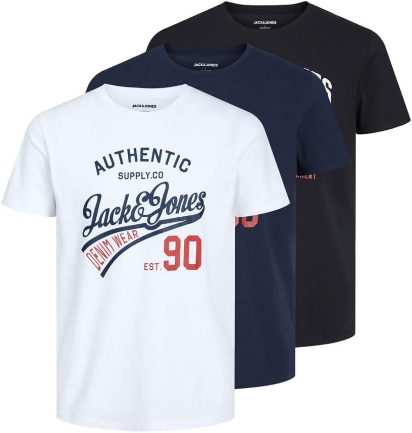 JACK & JONES Mens 3 Pack T-Shirts Comfortable Breathable Summer Crew Neck Cotton T-Shirt for Men UK, Size: S to 2XL