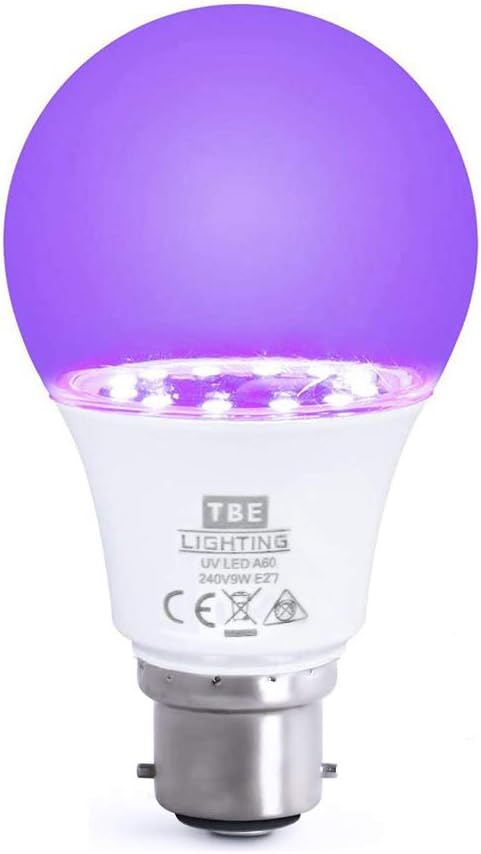 TBE LIGHTING UV LED Bulb - 9w Ultra Violet Black Light Bulbs - B22 Standard Bayonet Fitting - 395-400nm wavelength, Energy Saving Long Life LED A60 Bulb