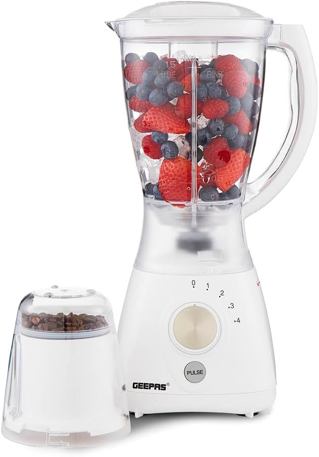 GEEPAS 2-in-1 Food Jug Blender & Smoothie Blender | Ice Crusher Stainless Steel Blades 4 Speeds Pulse Mode | 1.5L Jar Smoothie Milkshake Maker Coffee/Spice Grinder Mill | 1 Year Warranty 550W White