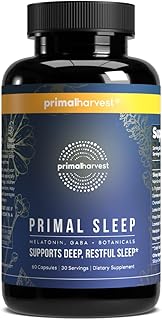 Primal Harvest Primal Sleep Support Supplement, 60 Capsules with Valerian Root, L-Tryptophan, GABA, Chamomile, and Melatonin 3mg