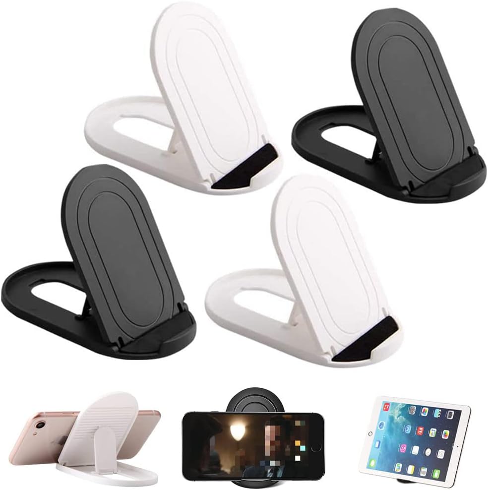 Morices 4 Pcs Foldable Cell Phone Stand, Oval Shaped Multi-Angle Universal Pocket Mobile Phone Holder, Portable Adjustable Desktop Holder Compatible with Tablets Smartphones Kindle (Black & White)