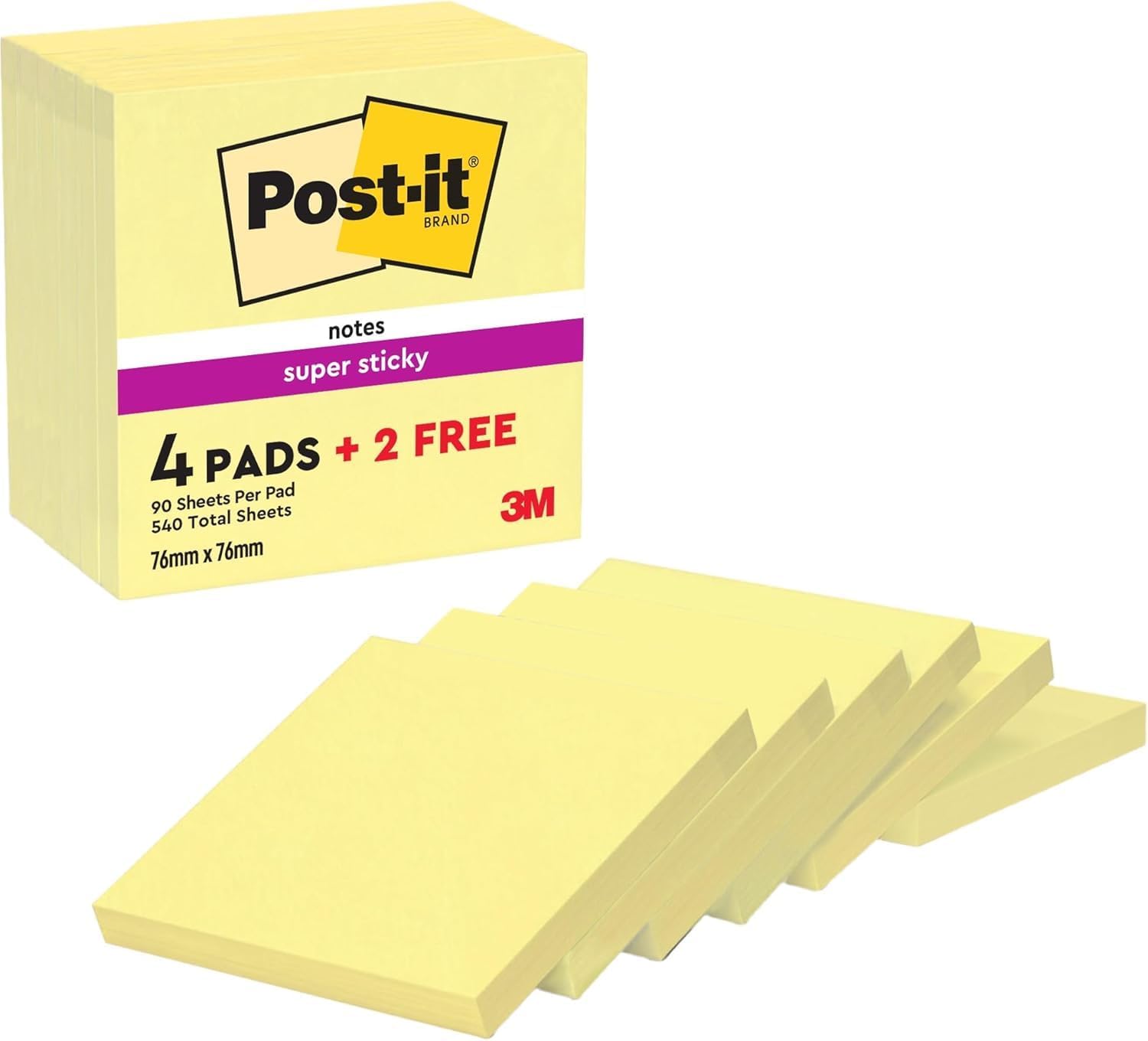 Post-it Super Sticky Notes, 4 + 2 Free Pads (540 Sheets), 76 mm x 76 mm