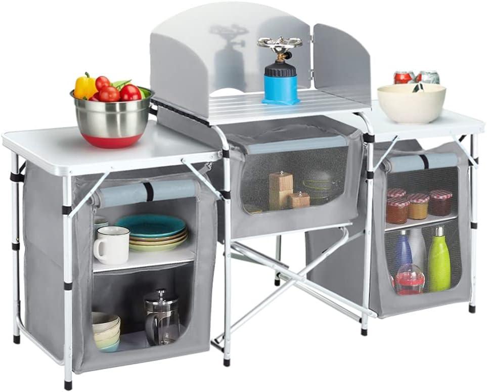 The Fellie Camping Kitchen Folding Camp cupboards Outdoor Kitchen Tables and Storage Units for Picnic and BBQ (Grey2)