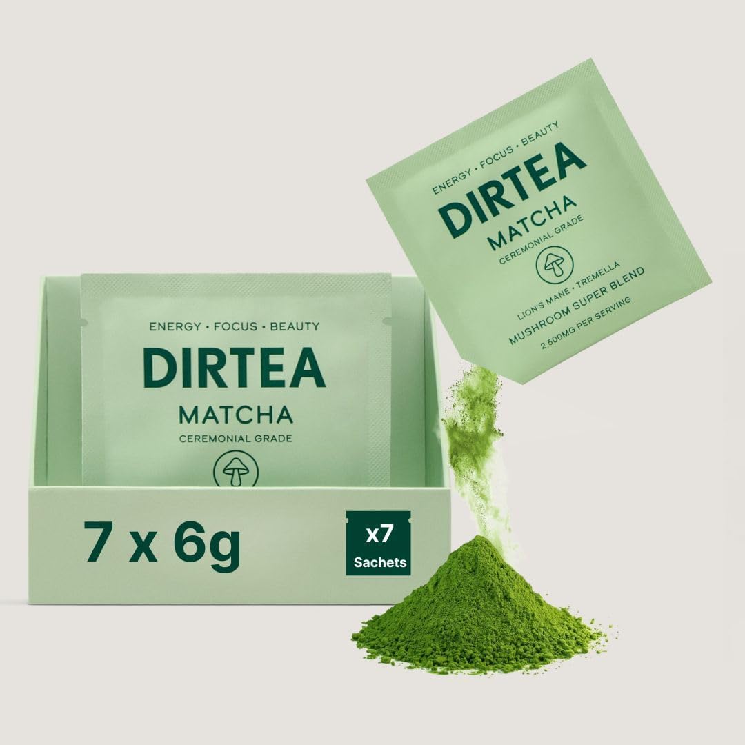 DIRTEA Matcha Powder Sachets - 100% Organic Ceremonial Grade Matcha from Japan - Mushrooms Super Blend Tea with Lions Mane & Tremella - 2,500mg per Serving - Organic 42g - 7 Sachets x 6g Servings