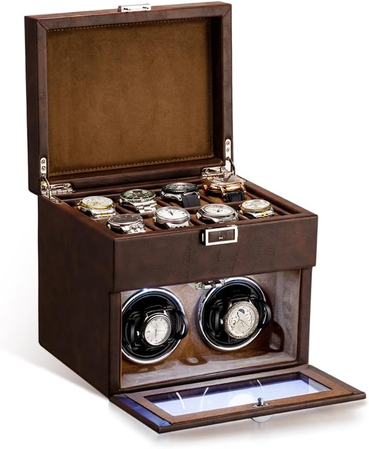Dual Watch Winder + 8 Watch Storage,Quiet Japanese Motor,LED & Auto-Stop