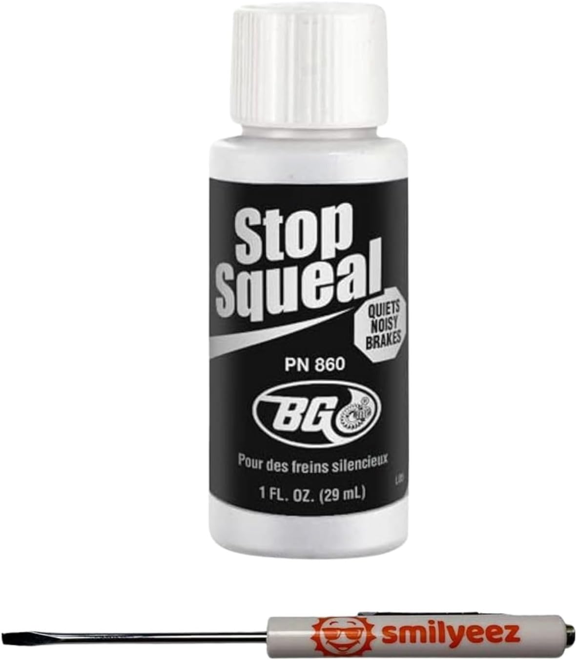 Smilyeez Listing for BG Stop Squeal - Disc Brake Quiet - Pad Anti-Squeal - Reduces Brake Noise and Grinding - Quiets Noisy Brakes, PN 860, 1 Ounces (1 Bottle) with Pocket Screwdriver