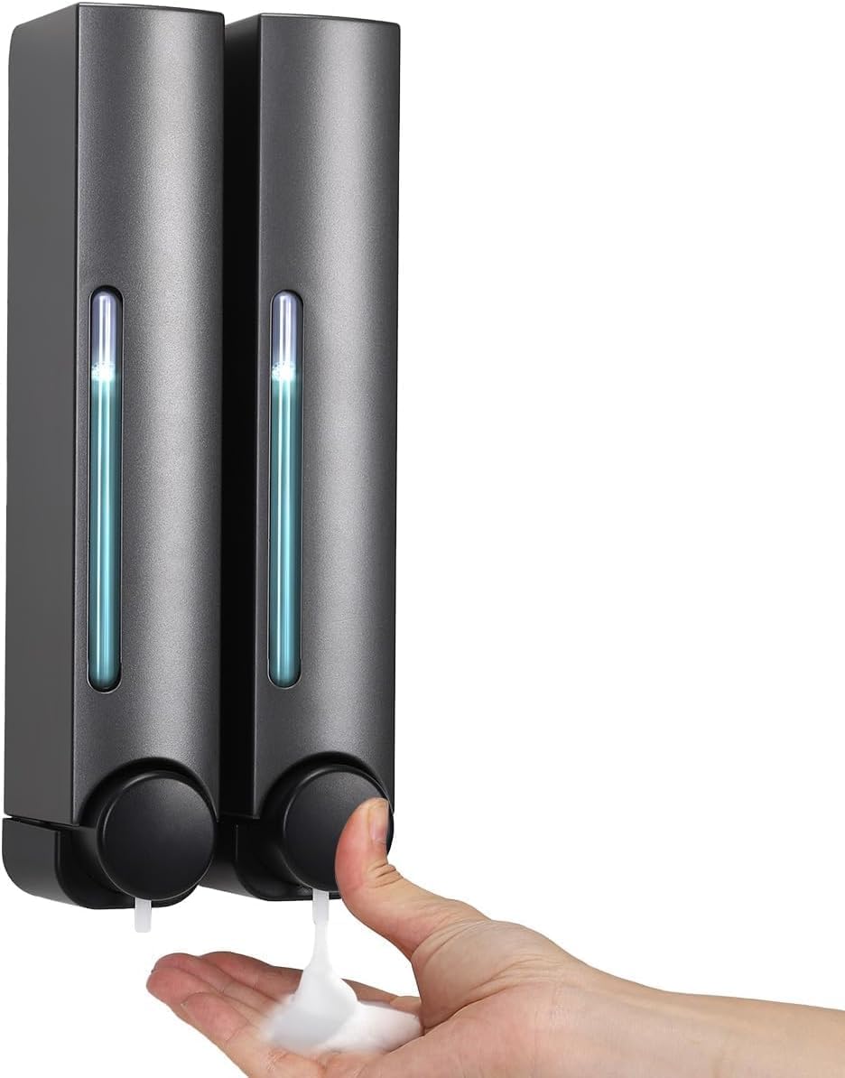Wall Mounted Soap Dispenser - Shampoo and Conditioner Dispenser | Shower Gel Dispenser | Shower Dispenser 2 Pcs No Drill Shampoo Dispenser For Bathrooms, Kitchens, Hotels, Shopping Malls (Gray)