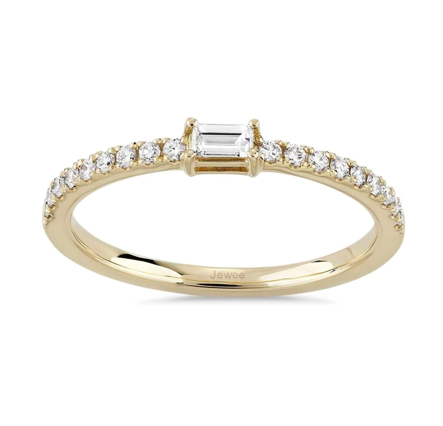 Gold Baguette Real Diamond or Zirconium Ring, Pave Setting Half Eternity Ring, Baguette Solitaire Emerald Ruby Gemstone Ring, Wedding Engagement Black Promise Diamond Ring for Women