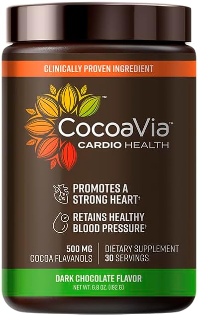 CocoaVia Cardio Health Cocoa Powder, 30 Servings, 500mg Cocoa Flavanols, Support Heart Health, Boost Nitric Oxide, Improve Circulation, Energy, Preworkout, Vegan, Dark Chocolate Cacao