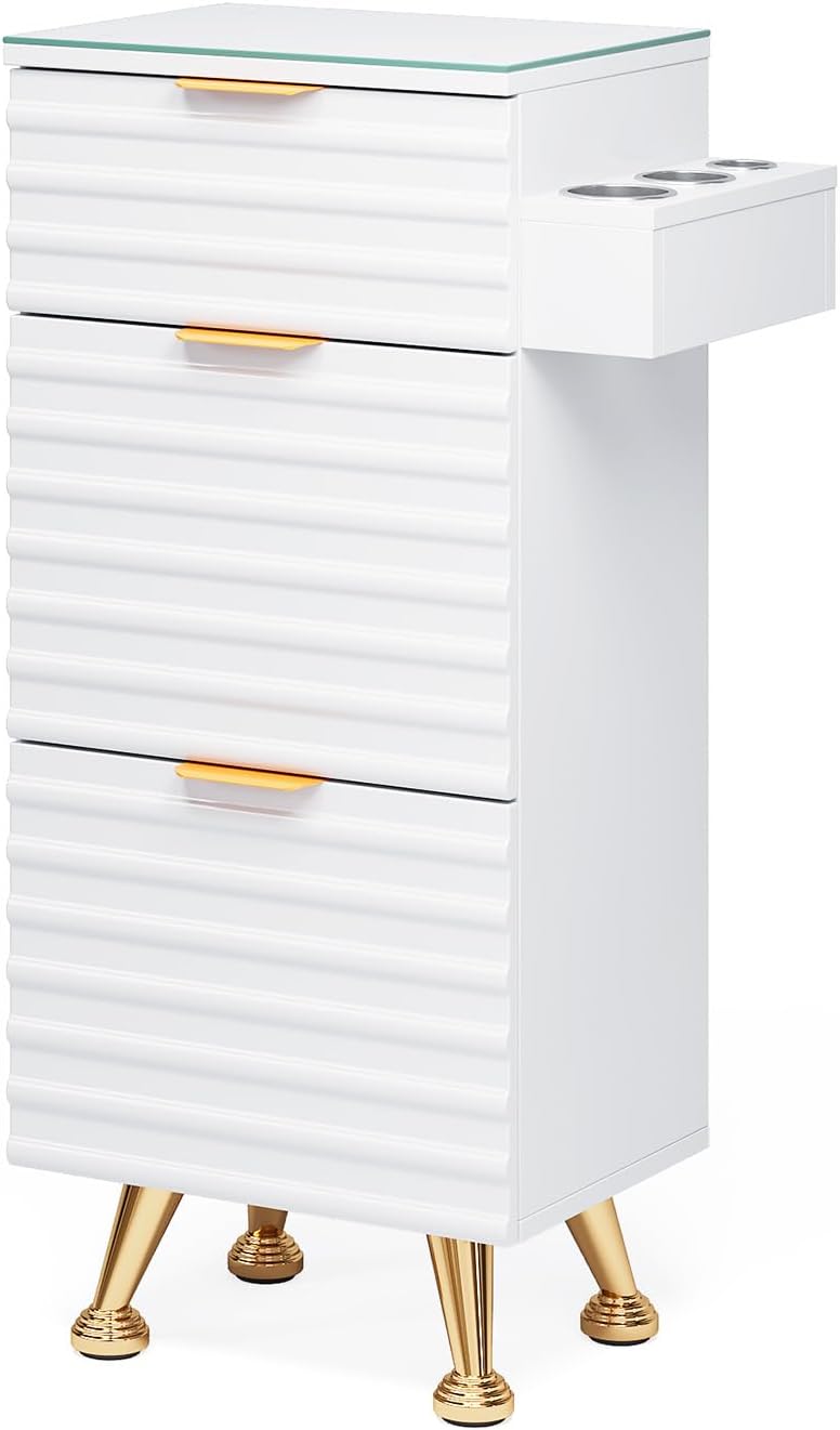 Salon Stations for Hair Stylist, Barber Station with Glass Top & Drawers & Hot Tool Holder, Salon Storage Cabinet Hair Organizer Equipment for Beauty Spa Dresser, White