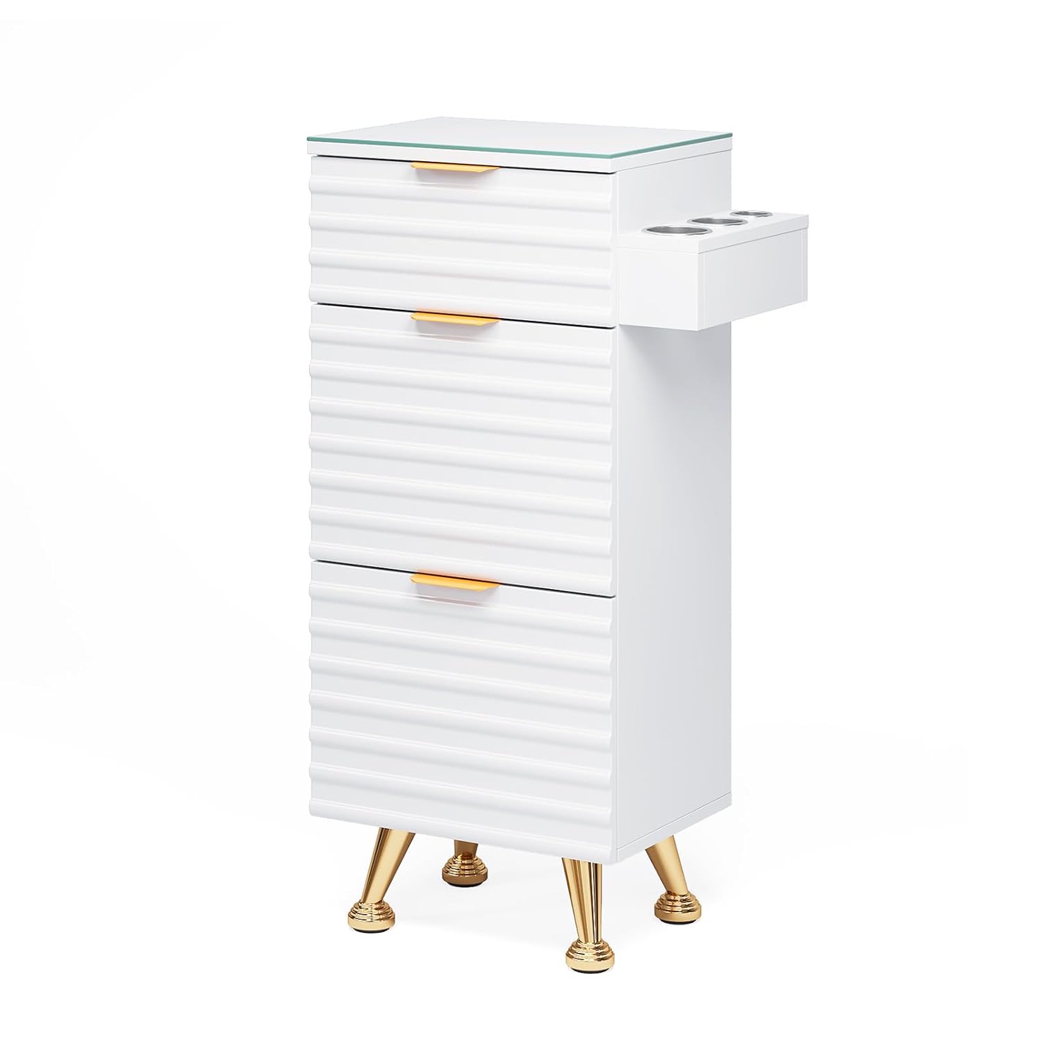 Salon Stations for Hair Stylist, Barber Station with Glass Top & Drawers & Hot Tool Holder, Salon Storage Cabinet Hair Organizer Equipment for Beauty Spa Dresser, White