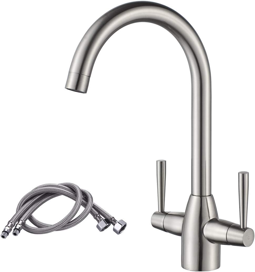 NewEast Kitchen Taps,Modern Double Handle Kitchen Mixer Sink Tap Swivel Spout Brushed Nickel