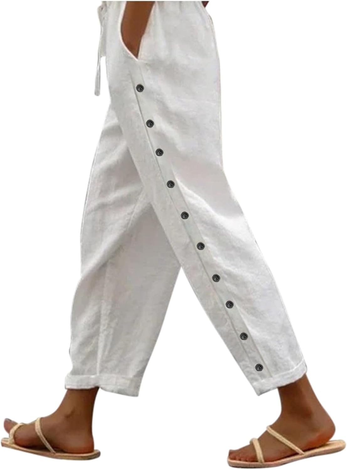 Women's Side Button Pants Versatile Nine Point Pants Casual Solid Elastic Waist Loose Baggy Trousers with Pockets