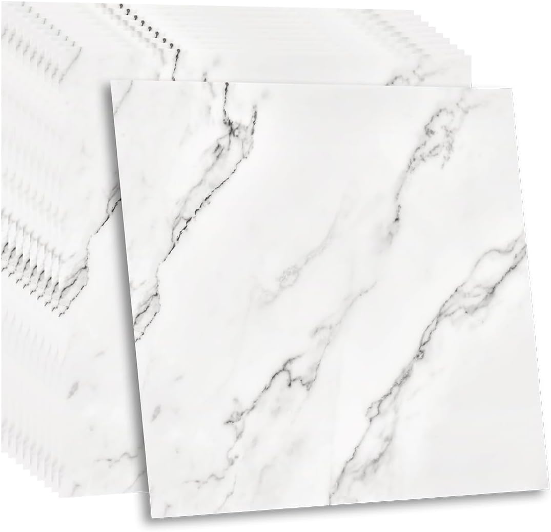 Fantasnight Marble Stick on Tiles 30 x 30cm 24Pcs White Tile Stickers Self Adhesive Wall Tiles PET Peel and Stick Wall Glossy Stickers for Kitchen Bathroom