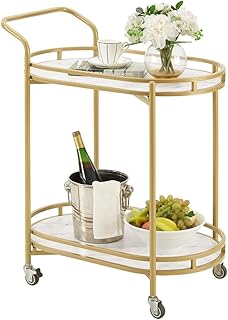 unipaws Bar Cart Gold, Easy Assembly Serving Bar Trolley with 2-Tier Shelves and Rotating Wheels for Home Kitchen Dining and Living Room