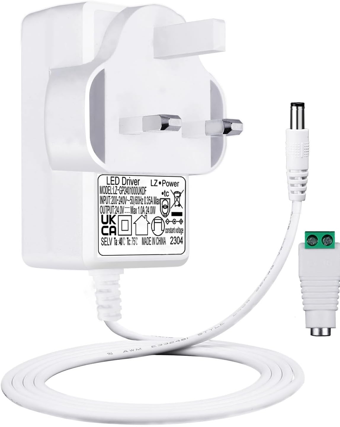 Constant Voltage 24V 1A Power Supply, AC 230v to 24v DC Transformer, 24W UK Plug Power Adapter with 5ft/1.5m Long Cable, 5.5 x 2.1mm Jack, for Led Strip Light, Humidmifier,UKCA Approved