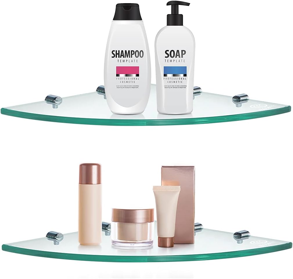 2 Pcs Tempered Glass Corner Shelf with 8 Brackets, 9.5" x 9.5" Floating Shower Caddy, Wall Mounted Shampoo Holder Organizer for Bathroom, Kitchen, Living Room