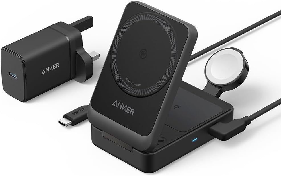 MagSafe Charger Compatible, Anker MagGo 3-in-1 Wireless Charging Station, Qi2 Certified 15W Wireless Stand, Apple Watch Charger for MagSafe, For iPhone 15, AirPods (40W USB C Plug Included)