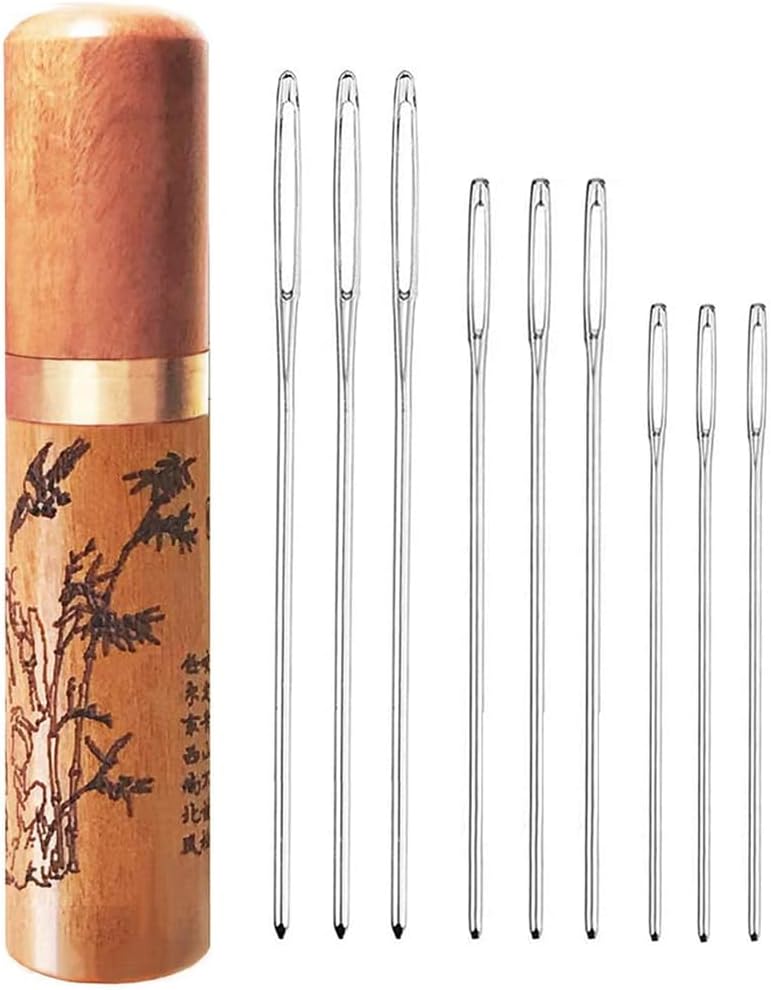 Large Eye Needles, 9PCS Yarn Needles, with Wooden Needle Case Carving Pattern