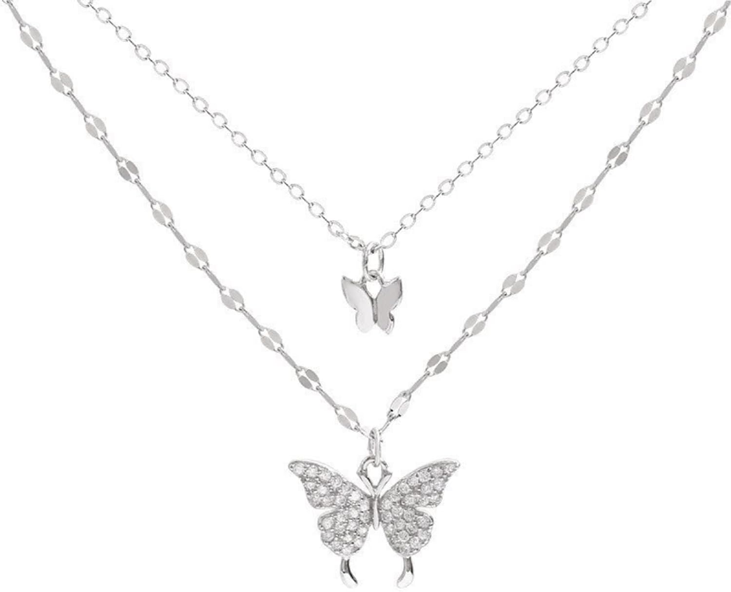 KFRS 925 Sterling Silver Butterfly Necklace for Women Double Layer Clavicle Chain Shiny CZ Necklace Dainty Gifts Party Jewelry Gift