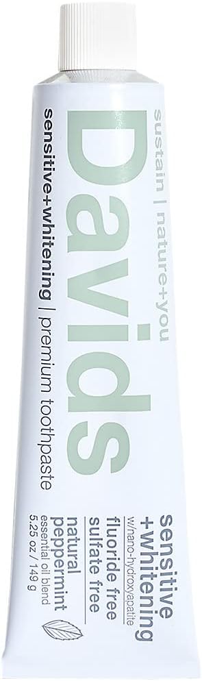 Davids Fluoride Free Nano Hydroxyapatite Toothpaste for Remineralizing Enamel & Sensitive Relief, Whitening, Antiplaque, SLS Free, Natural Peppermint, 5.25oz, Made in USA