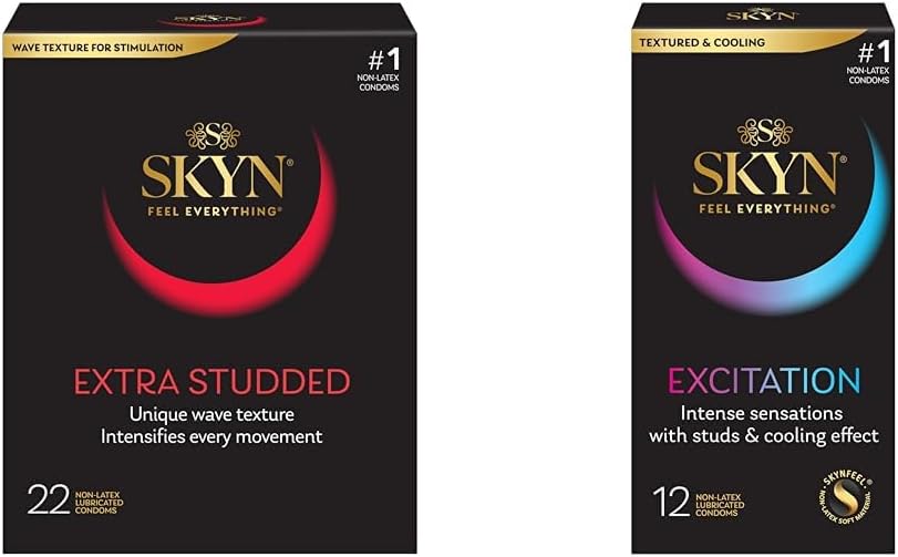 SKYN Extra Studded 22 Count Non-Latex Ultra Thin Natural Feel Condoms with Excitation 12 Count Lubricated Latex-Free Condoms