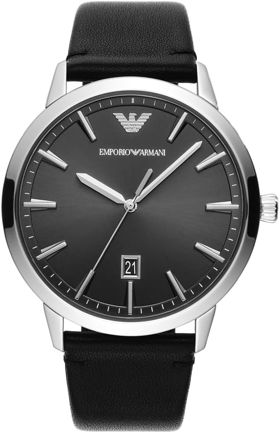 Emporio Armani Watch for Men, Quartz Three Hand Date Movement and 43mm Case Size with Leather Strap