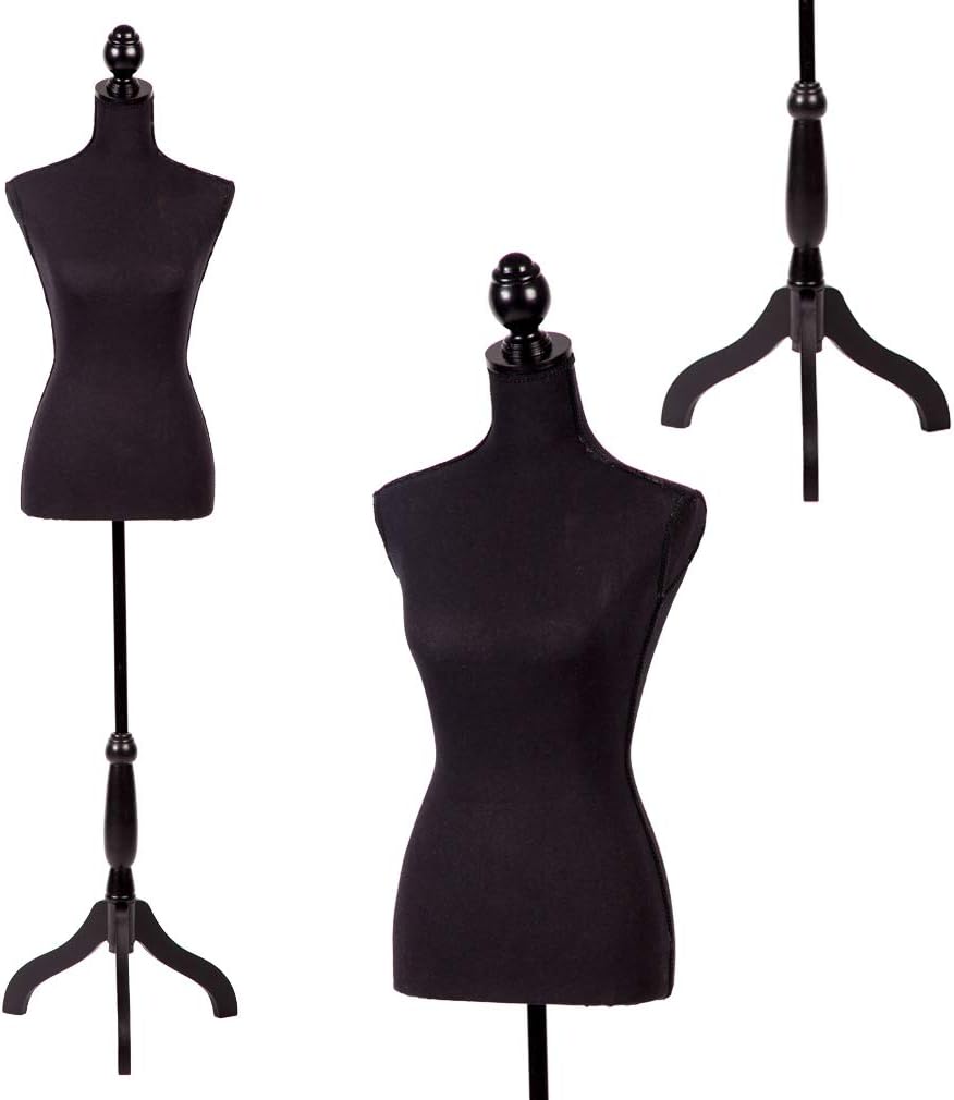 FDW Manikin 60”-67”Height Adjustable Female Dress Model Display Torso Body Tripod Stand Clothing Forms (Black)
