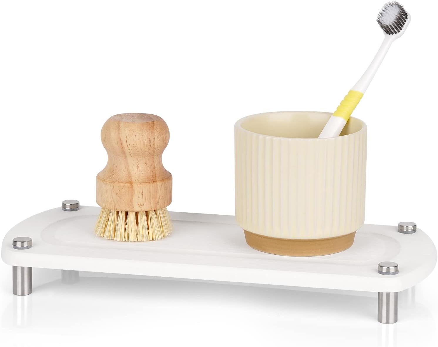 Ozzptuu Sink Caddy Instant Dry Kitchen Sink Organizer Sponge Holder for Kitchen Sink Diatomaceous Pedestal Stand Riser with Stainless Steel Feet Protection for Modern Home (White)