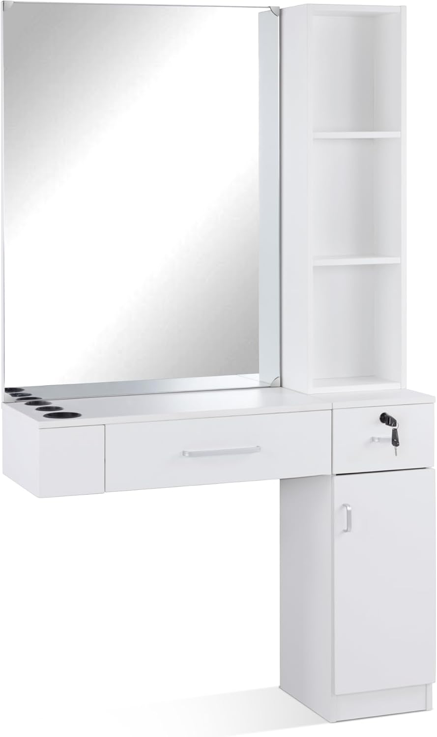 BarberPub Wall Mount Salon Station with 3 Hair Dryer Holders Hair Styling Station with Mirror Beauty Salon Spa Equipment Set 3026 (White)