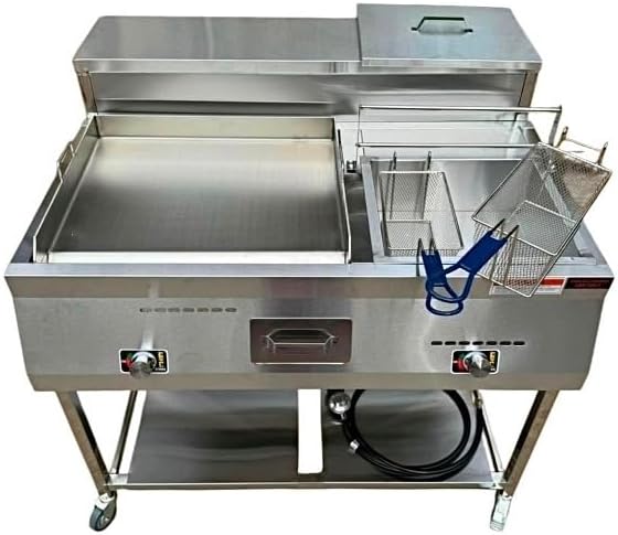 Gas Shark Deep Fryer and Griddle Cart | 20" Griddle | 30 lb 3.5 Gallon Single Tank Deep Fryer | 2 Fryer Baskets | Serving Shelf | Outdoor Propane | Stainless Steel | Portable for Commercial & Home Use