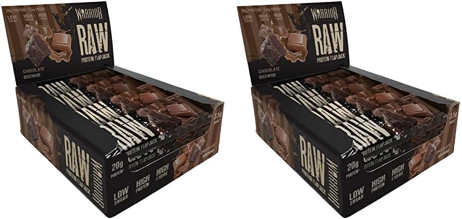 Warrior Raw Protein Flapjacks – 12 Bars x 75g Each – Packed with 20g of Protein – Low Sugar, High in Fibre (Choc Brownie) (Pack of 2)
