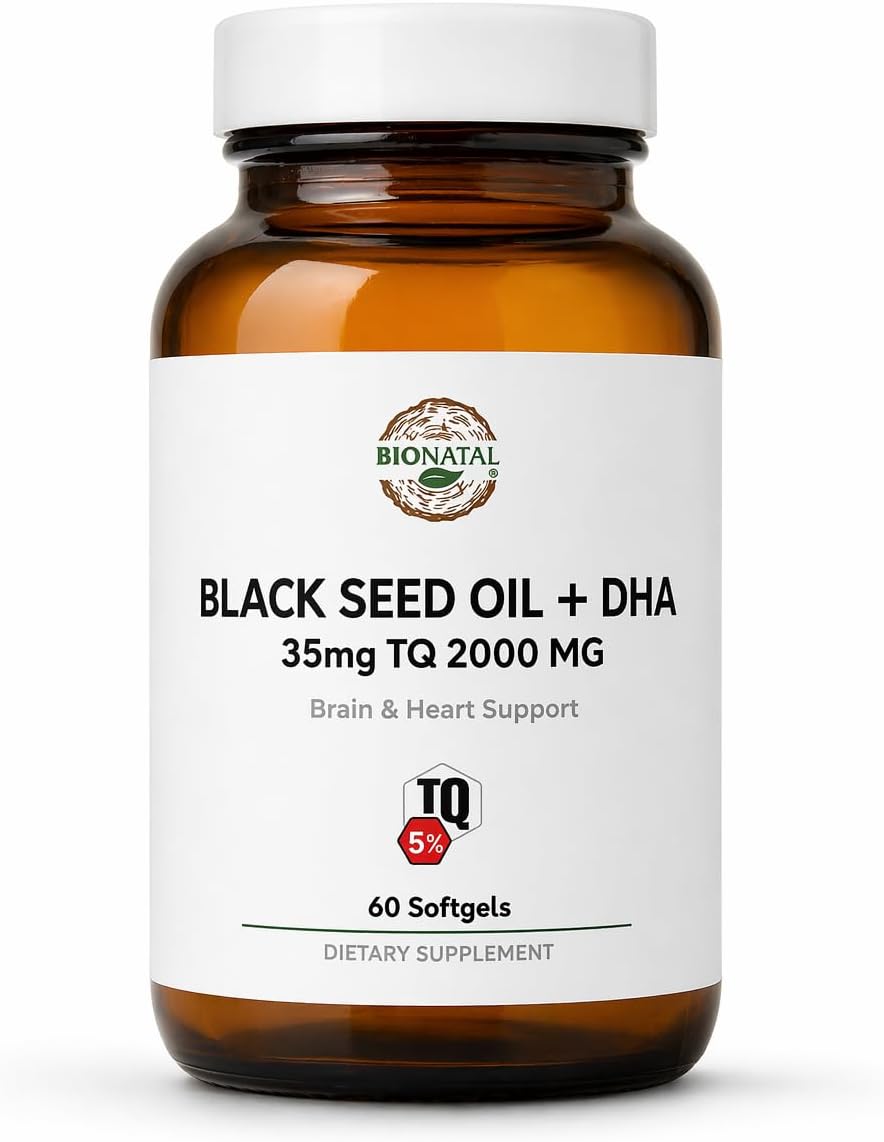 BioNatal Premium Black Seed Oil + DHA Softgels – 5% Thymoquinone (TQ) – Algal Oil Omega-3 & Organic Flaxseed Oil – 2000mg Total Complex – Supports Immunity, Brain, and Joint Health – 60 Softgels