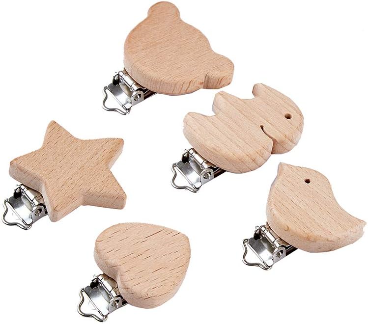 5 Pcs Natural Wood Pacifier Clips Holder Baby Suspender Clips Unfinished Wooden Teething Beads Clips Charm DIY Crafts