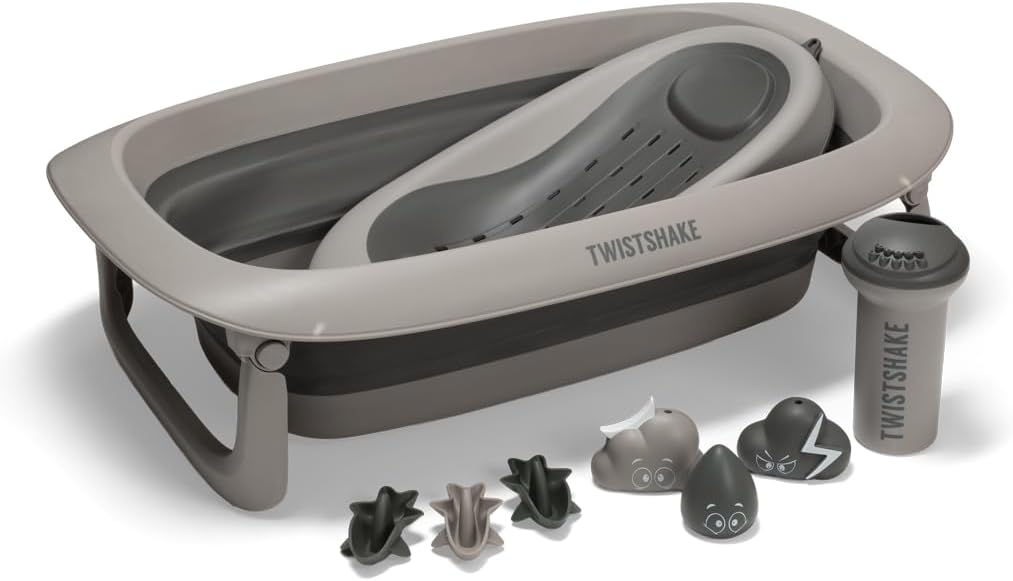 Twistshake Baby Bath V2 Set | Foldable Bath with Bath Pillow & Rinser | 30L Capacity | BPA Free | 0-4 Years | Gris Délavé