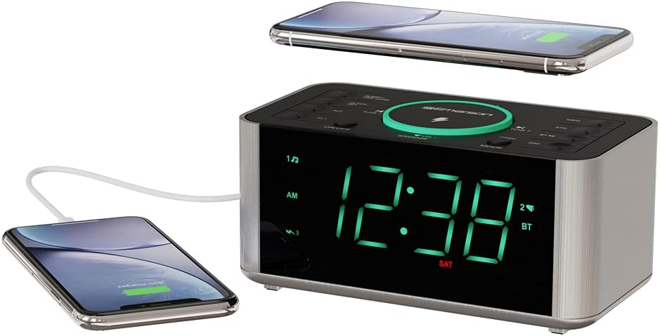 Emerson ER100202 Smartset Dual Alarm Clock Radio with USB Port and QI Wireless Phone Charger with Bluetooth, All Qi Compatible Phones