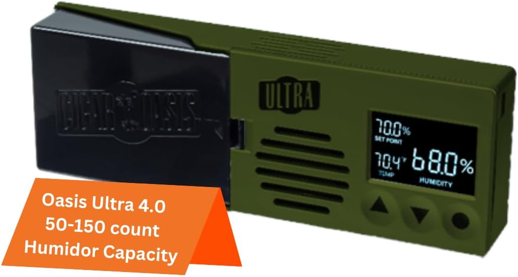 Cigar Oasis Ultra 4.0 Cigar Humidor Humidifier - Electric Humidor Humidifier w/LCD Humidity & Temperature Display, Soft-Touch Buttons - Sensor-Controlled Fan, Humidor for Cigar, 50-100 Cigars