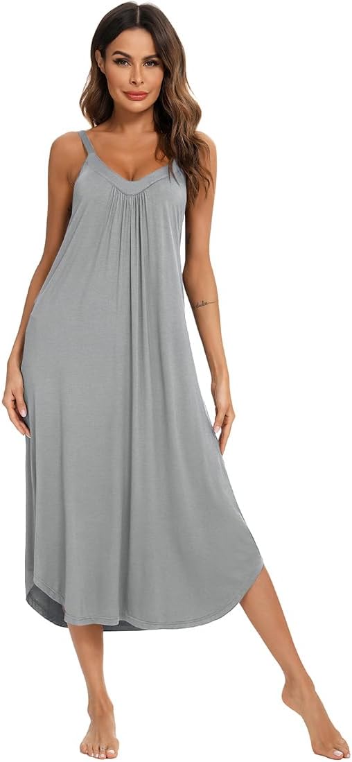 Jlowesun Long Nightdress for women UK,Soft Cotton Nighties with Wavy Hemline,V-Neck Full Slip Loose Stretchy Strappy Women's Nightwear