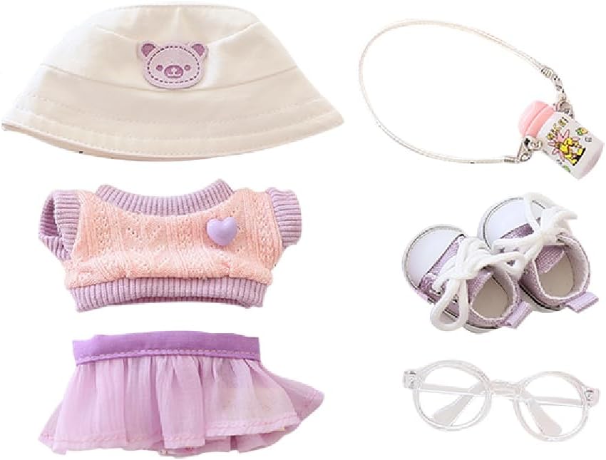 6-Piece Clothes for Popular Dolls 17cm - Cute Hat + Glasses + Water Bottle + Sweater + Skirt & Canvas Shoes - Premium Doll Outfit Accessories for Creative Play & Display (NO Doll)
